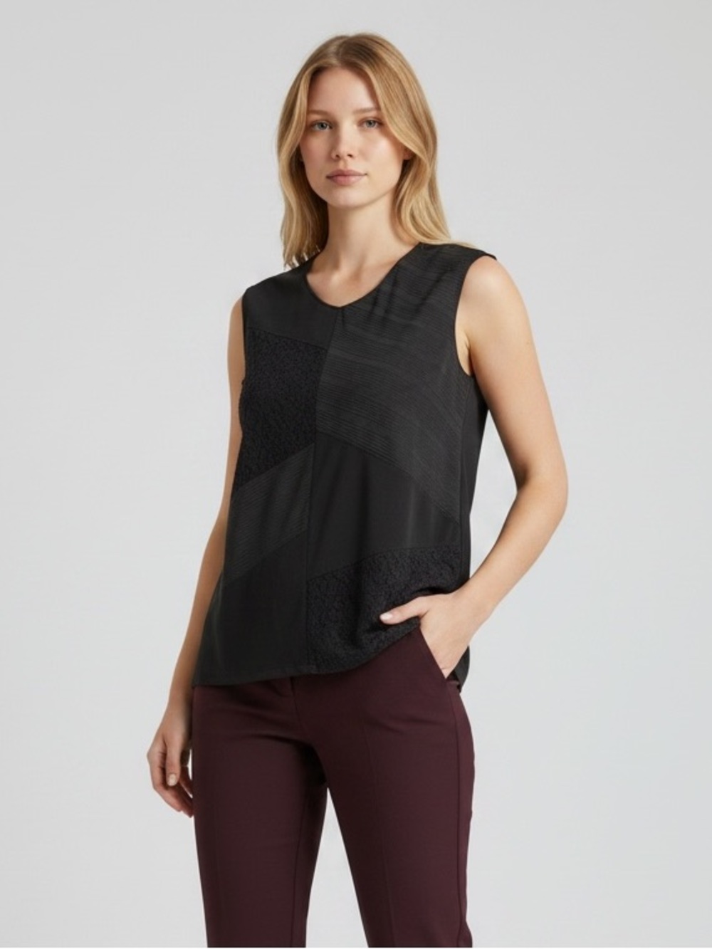 ✨ Calvin Klein Sleeveless Patchwork Blouse – Black (NWT) – Size M ✨